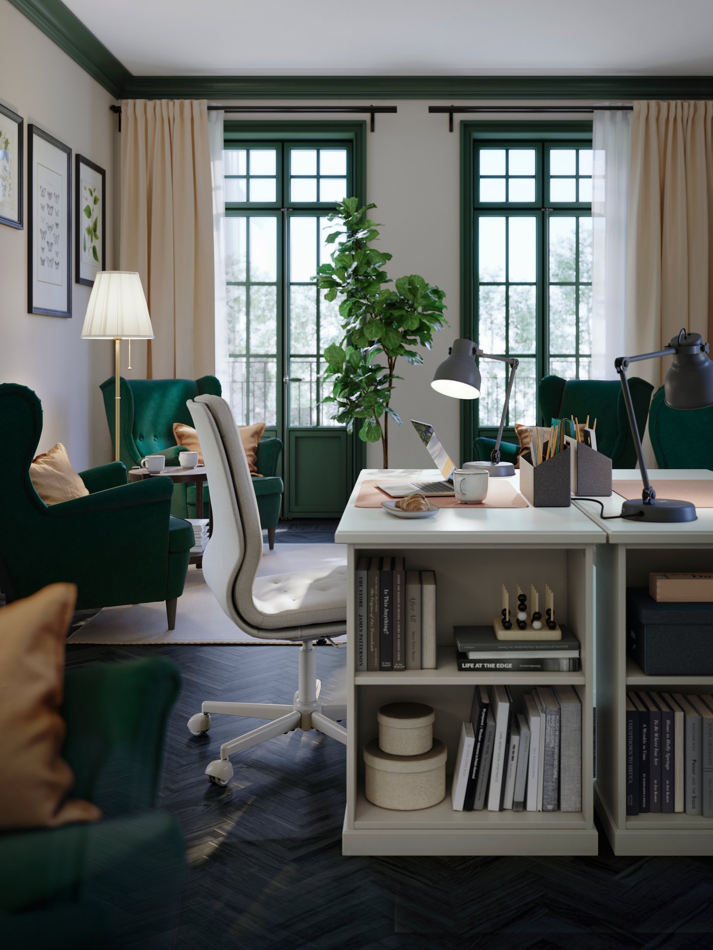 A lounge in a café with two VEBJÖRN desks, STRANDMON wing chairs and two long windows with curtains pulled back to the sides.