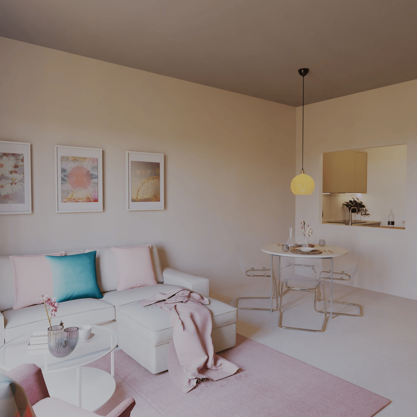 Blick auf den Esstisch und die Durchreiche in die Küche. Im Vordergrund ist das Sofa zu sehen.