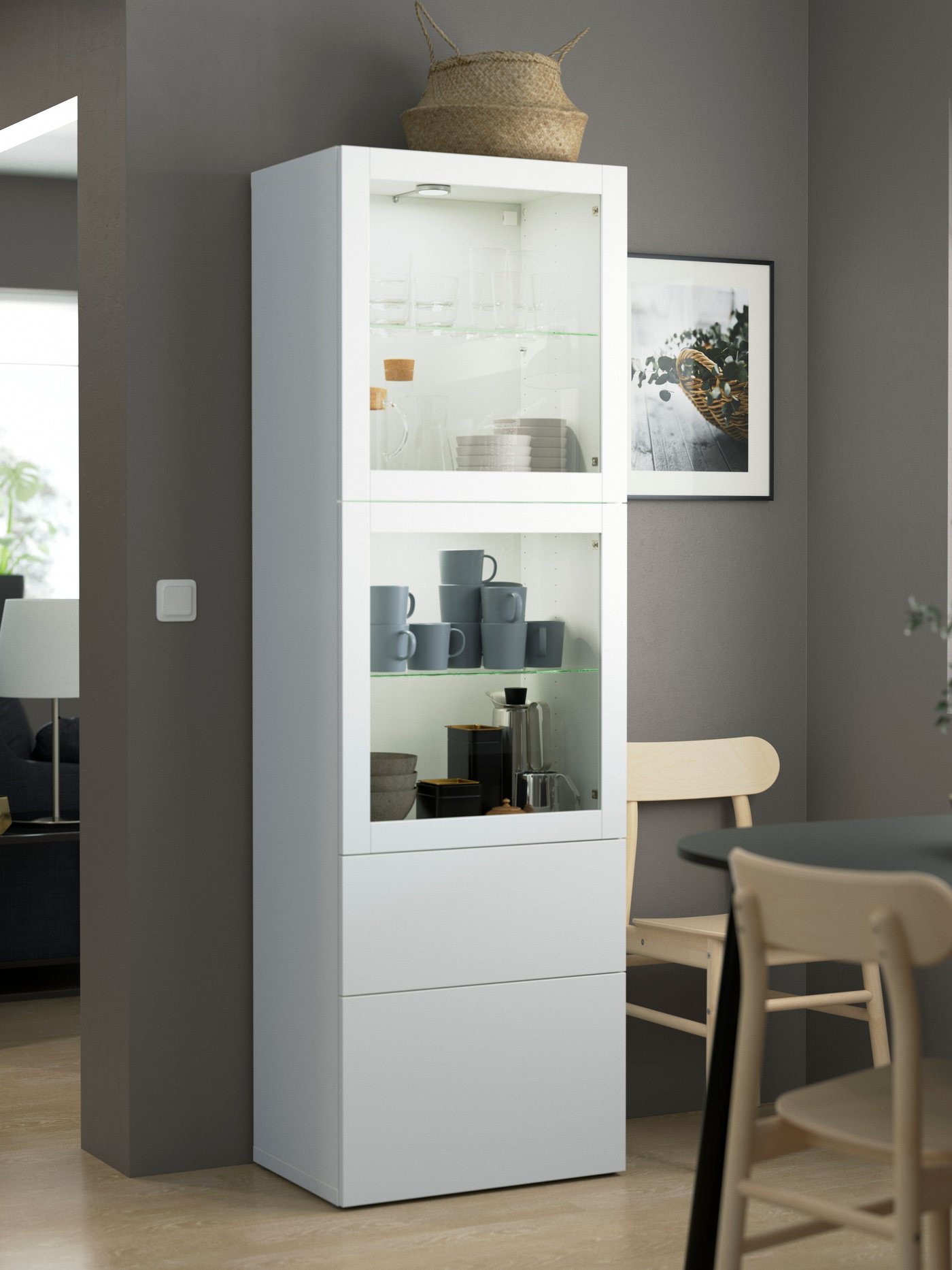 A white/Lappviken white clear glass BESTÅ storage combination w glass doors