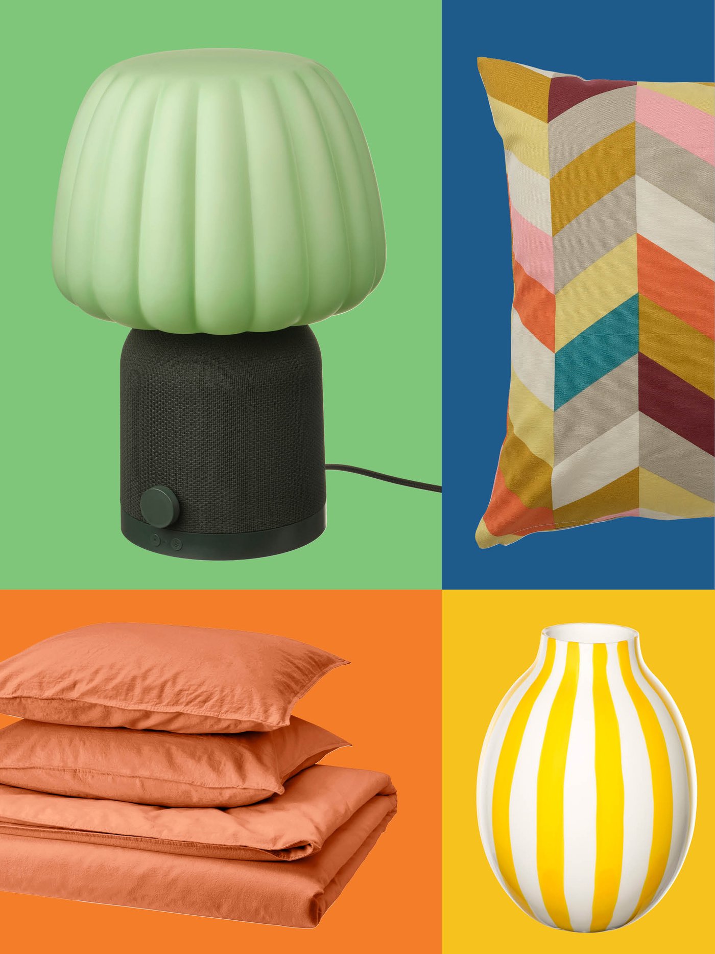 A striped IKEA vase, a green‑checked cushion, a pastel lamp and warm orange bedding come together to create a playful and vibrant bedroom aesthetic.