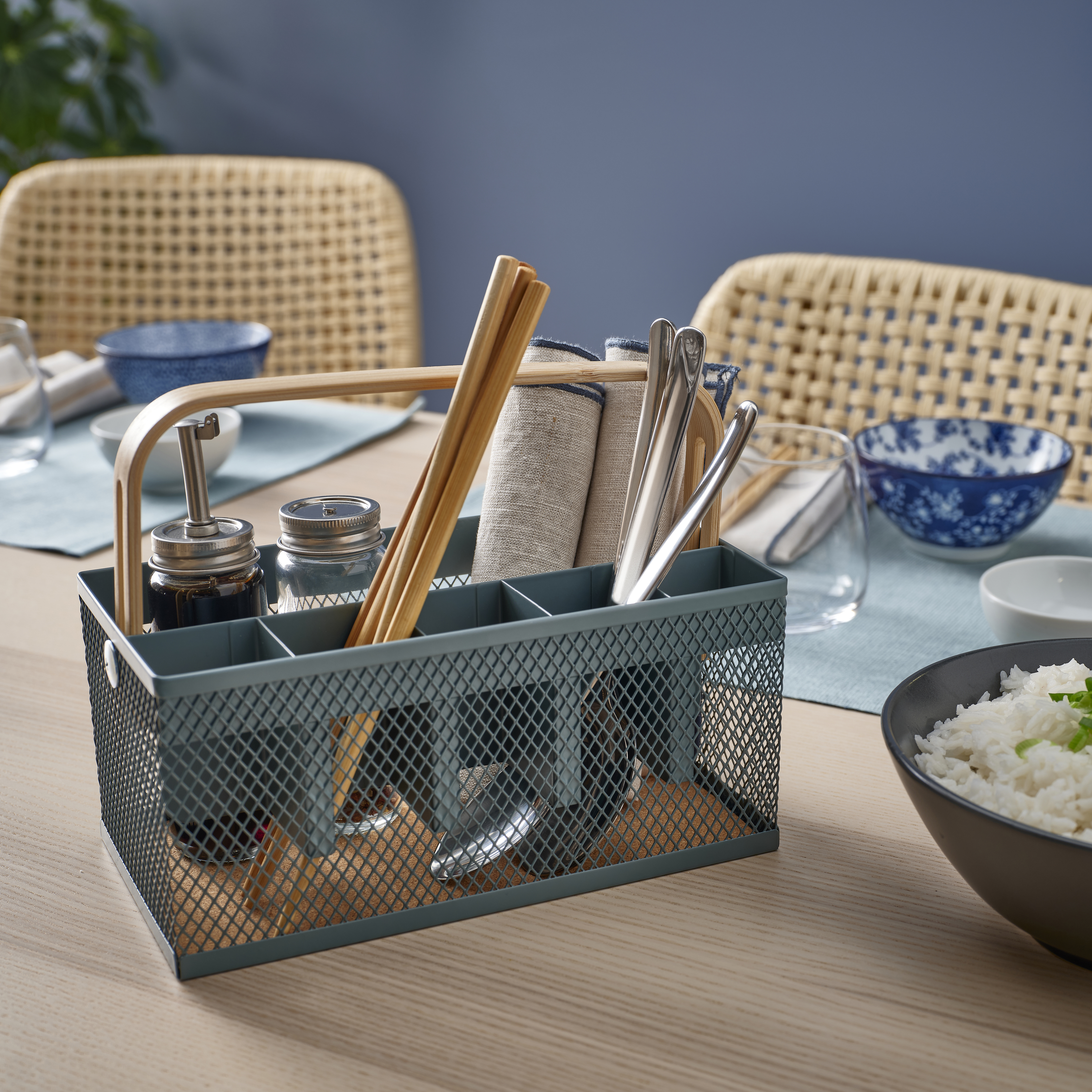 A bamboo/grey-turquoise VIMPELFISK cutlery holder