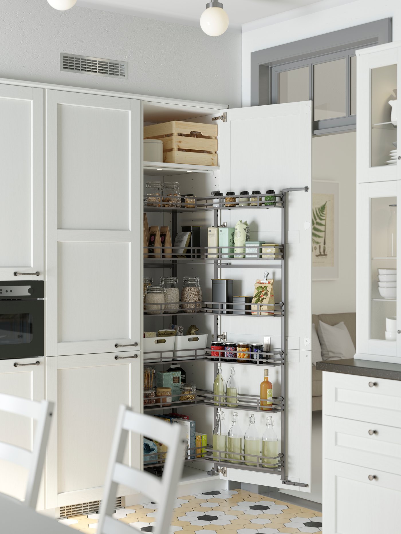 An UTRUSTA pull-out larder in a tall white kitchen cabinet filled with different types of dry food on each shelf.
