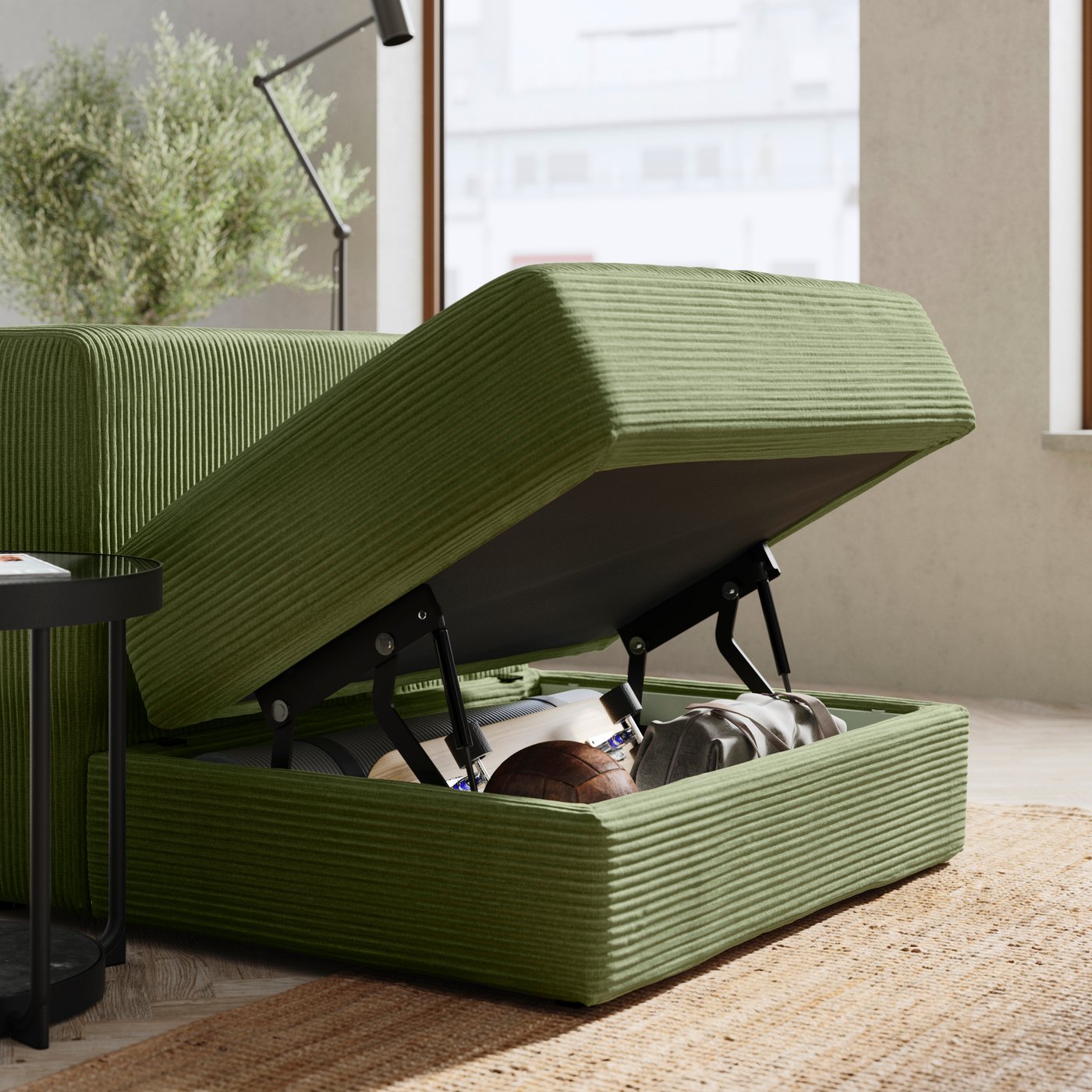 A Samsala dark yellow-green JÄTTEBO 1,5-seat module with storage in the living room