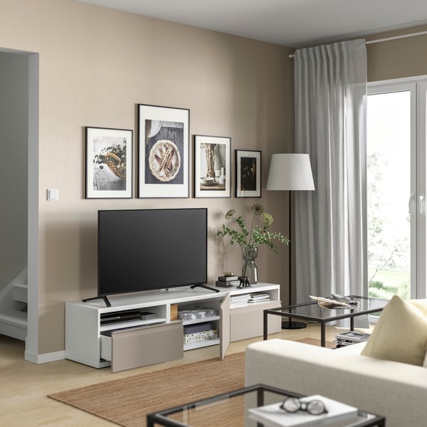A white/Hammarsmed beige BESTÅ TV bench