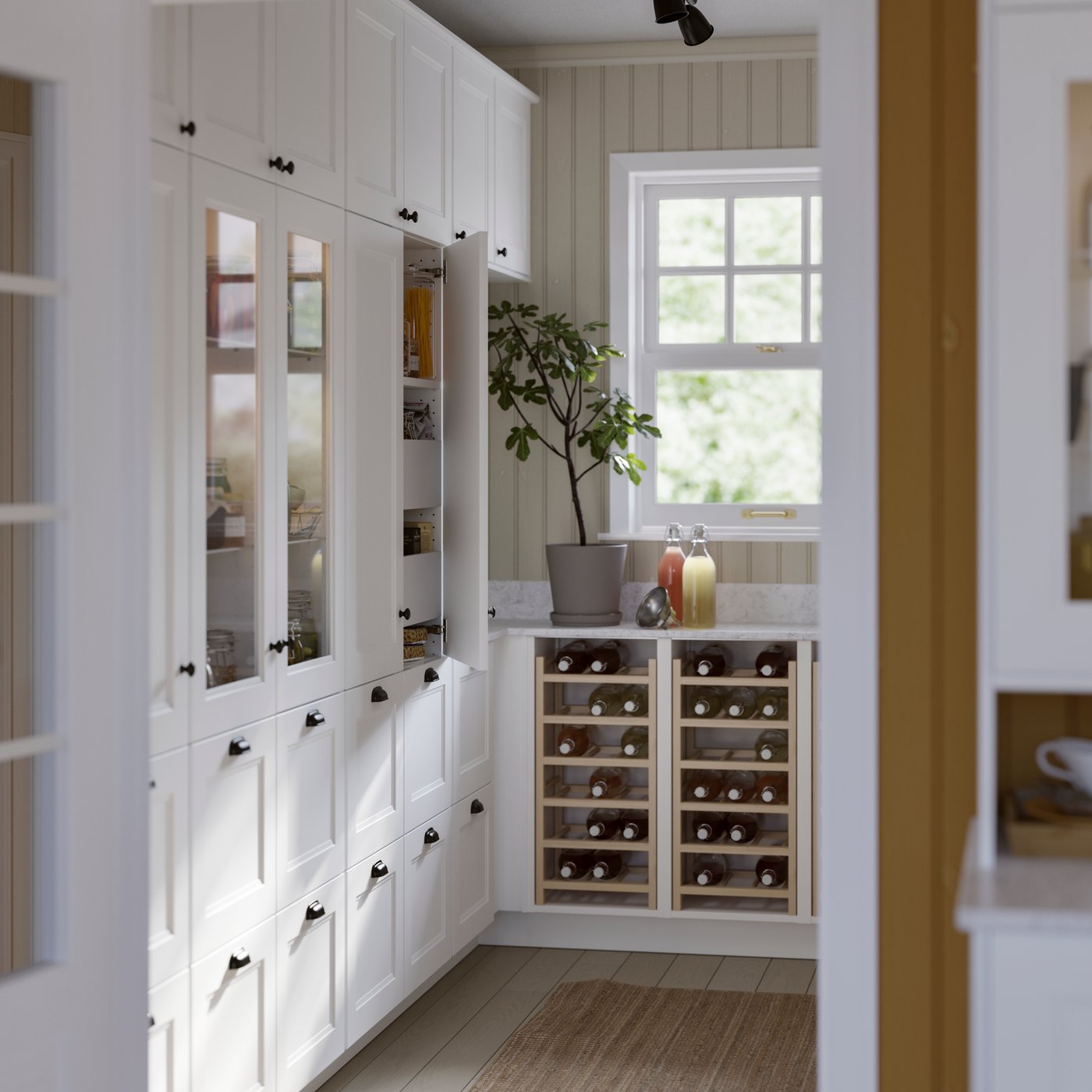 A stylish AXSTAD pantry featuring white cabinetry, a wine rack, and a green plant by the window.