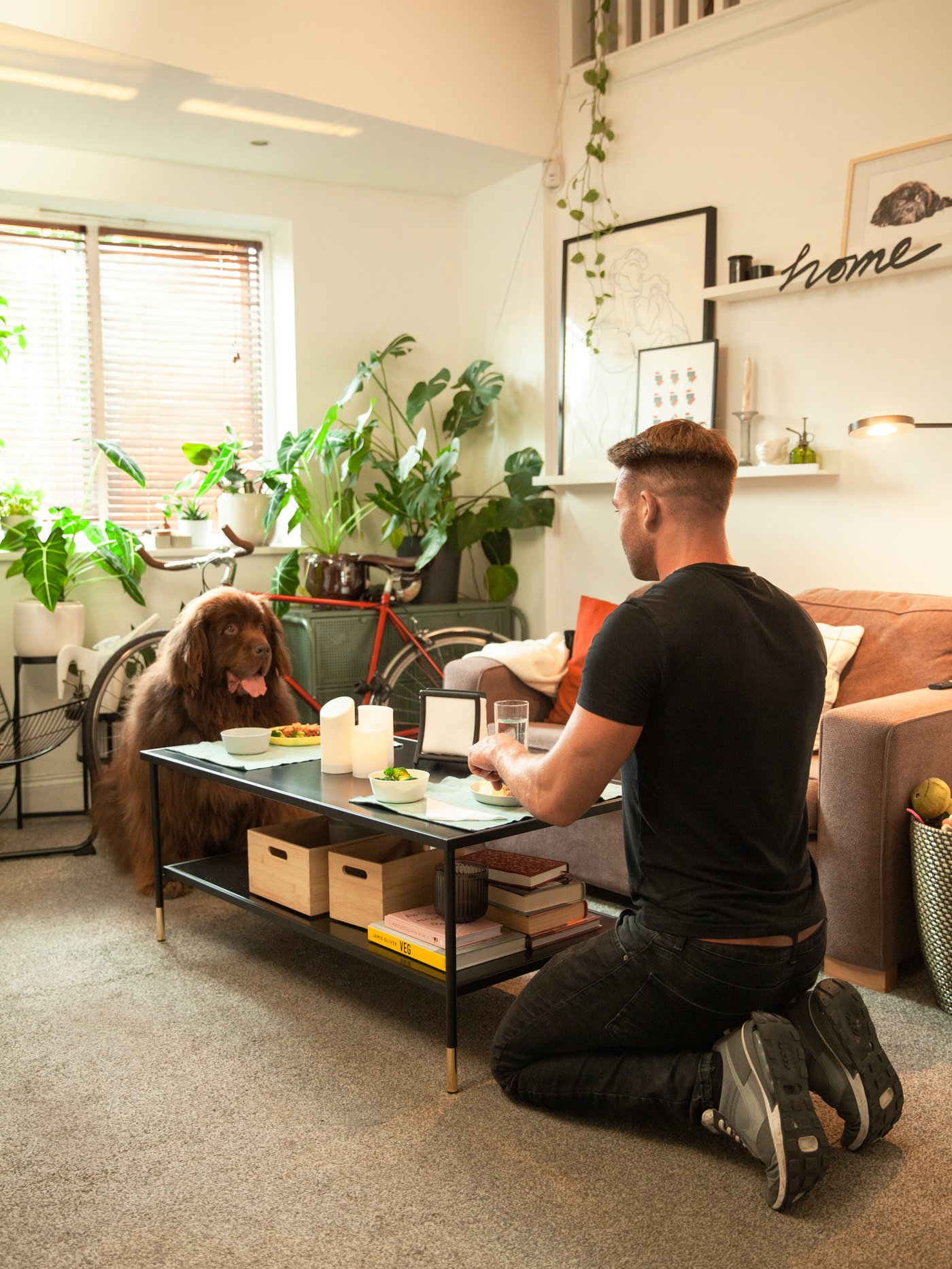 Un chien et un homme sont assis sur le sol, des assiettes sont posées devant eux sur une table basse.