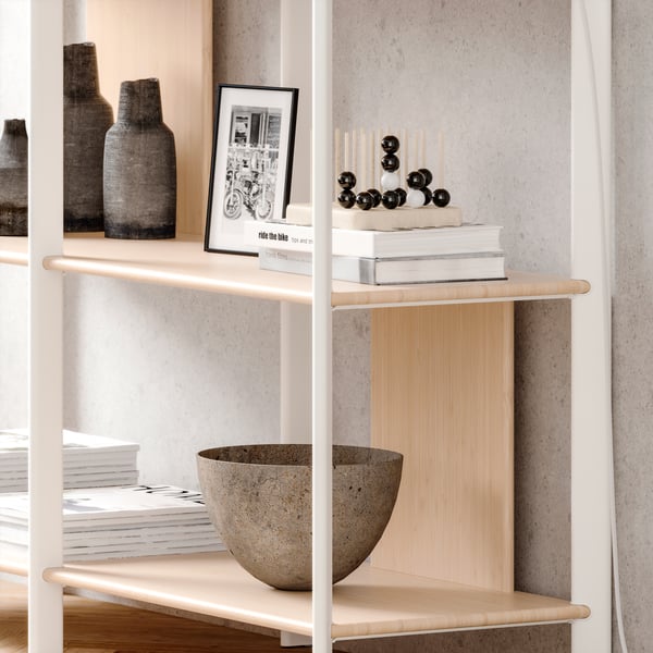 A white/light bamboo JÄTTESTA shelving unit