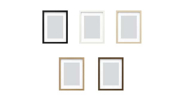 長方形の写真フレームが2列に5個並んでいます。フレームの色は、黒、白、明るい木目、ミディアム木目、濃い木目です。さまざまなカラーバリエーションがあることを示す画像です。
