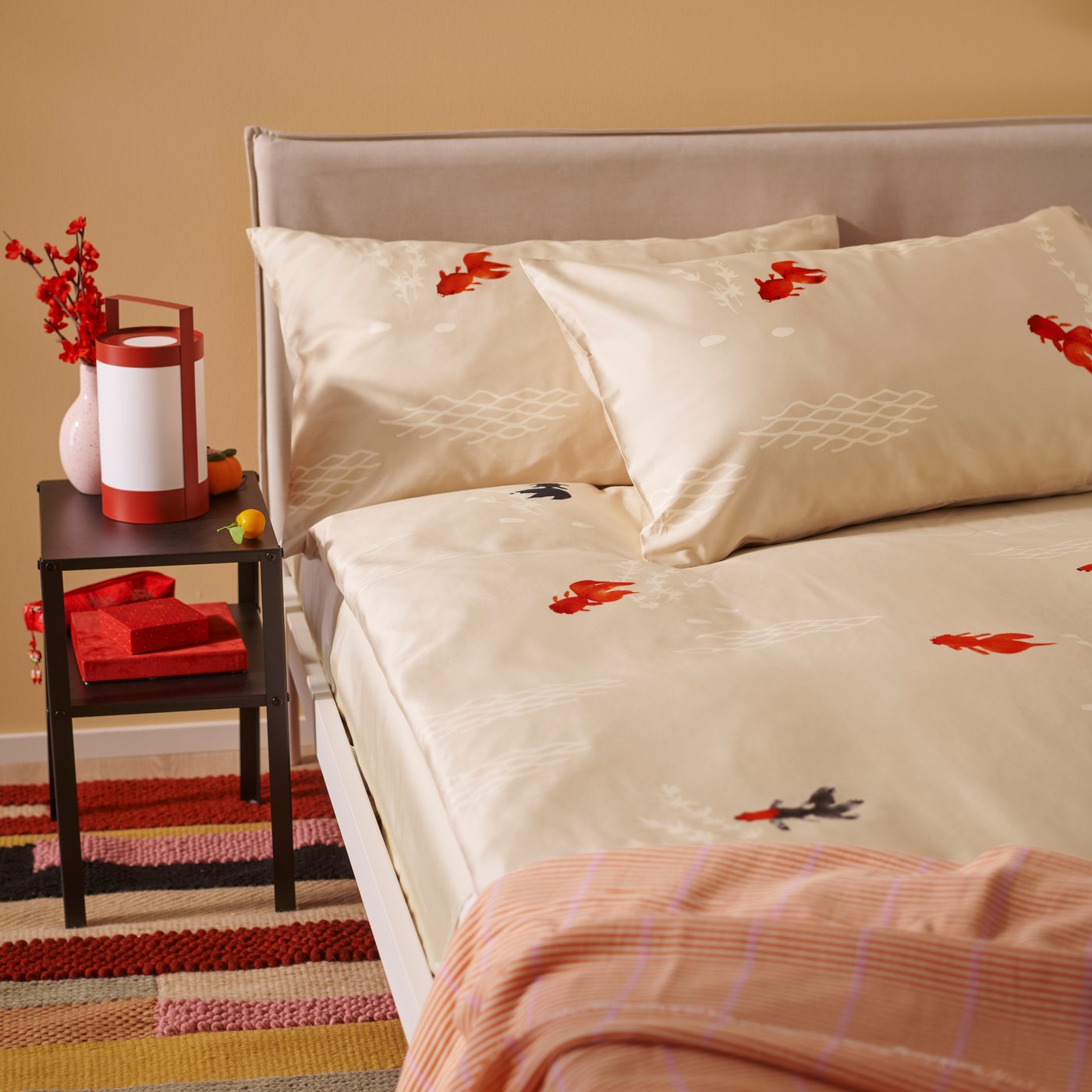 FOSSTA Duvet cover and 2 pillowcases 80 cm goldfish/beige