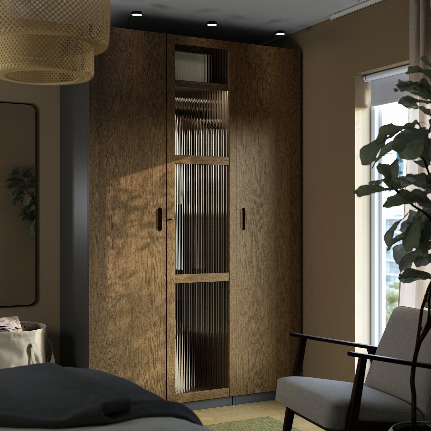 IKEA PAX / TONSTAD garderobskombination, mörkgrå brun/betsad ekfaner glas, 150x60x236 cm