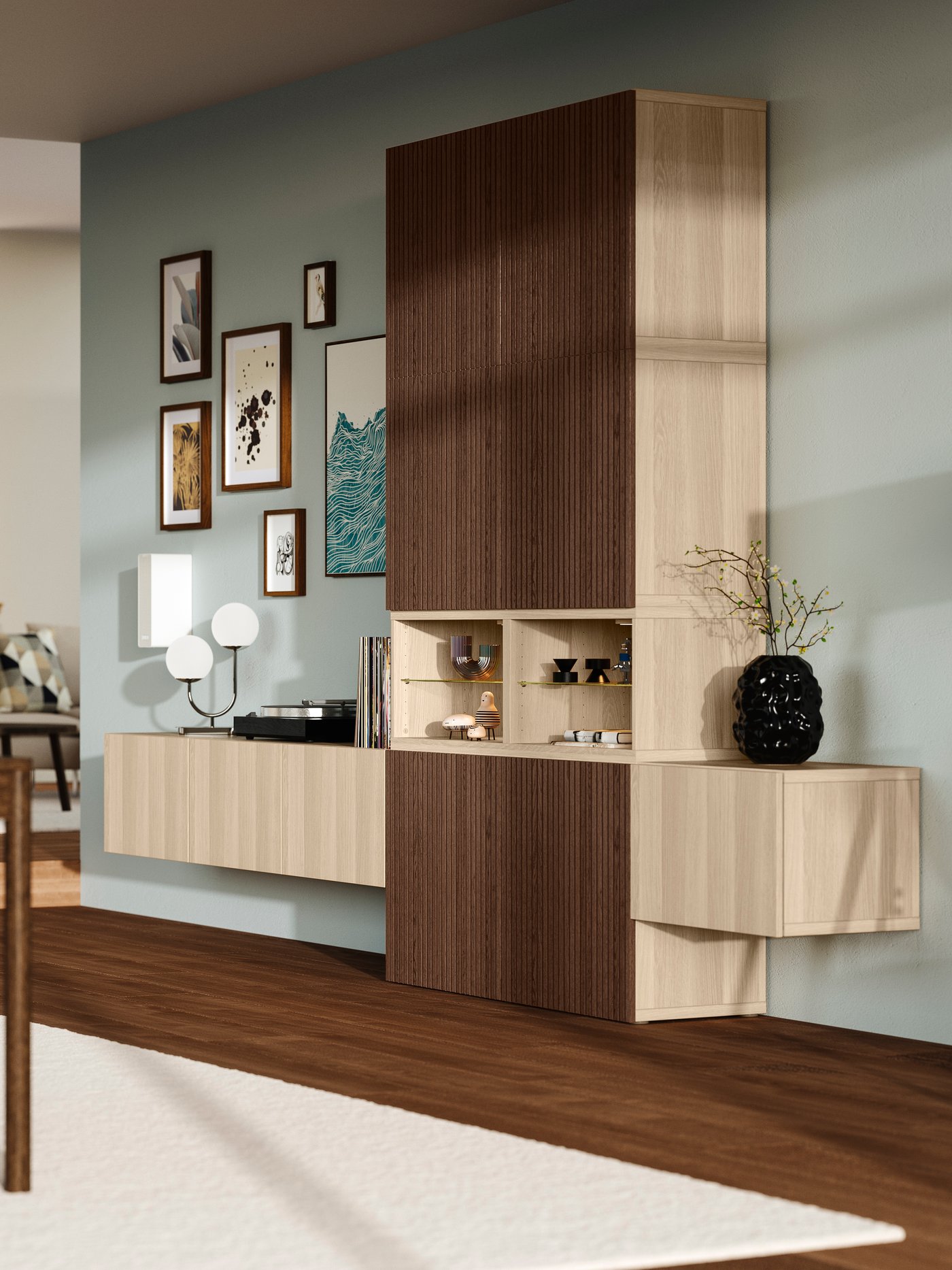 A white stained oak effect Lappviken/Björköviken brown BESTÅ media storage combination in the living room