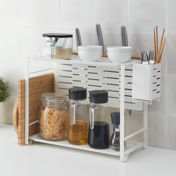 A bamboo/white AVSTEG kitchen countertop organiser