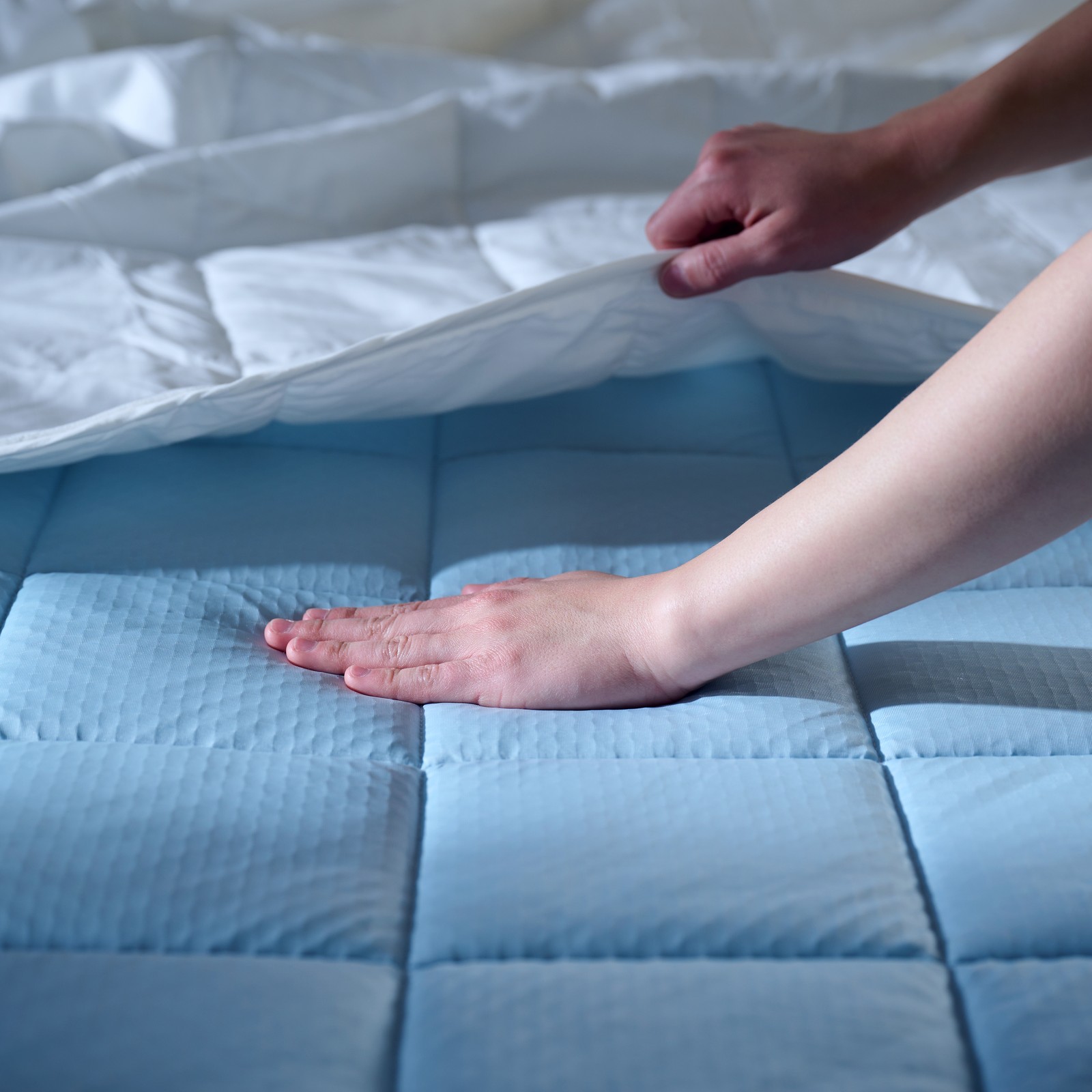 A beige/blue KEJSAROLVON mattress protector