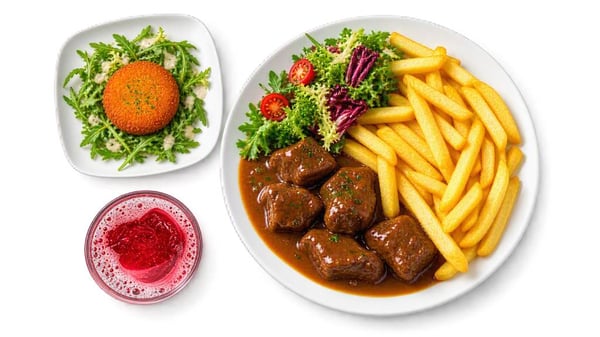 Assiette de boulettes sauce brune avec frites et salade, accompagnée d’une croquette sur un lit de salade et d’une boisson rouge.