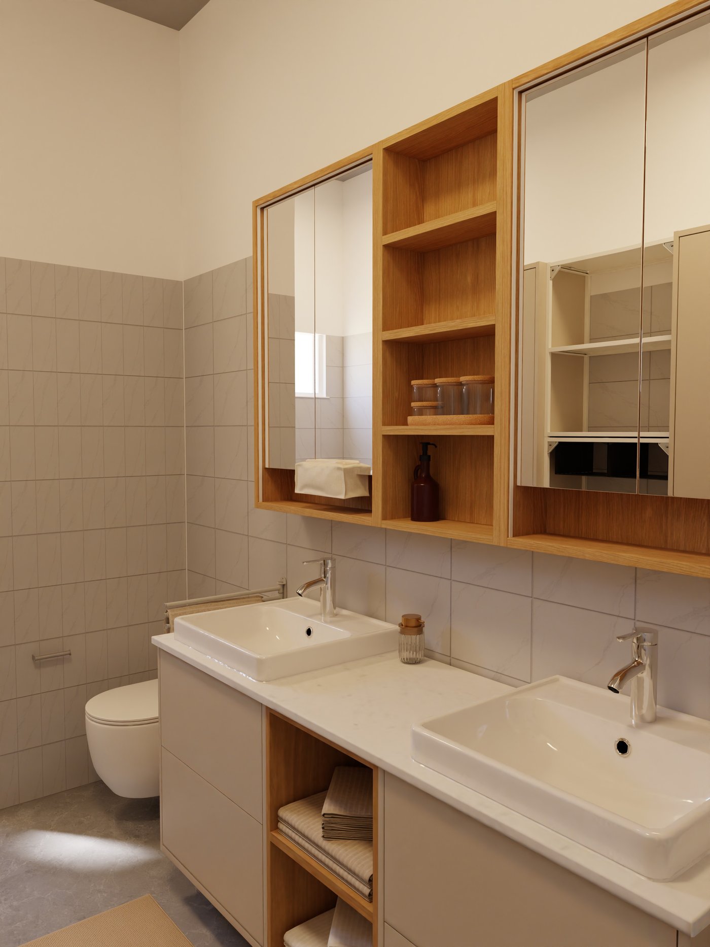 Waschtisch mit zwei Waschbecken und Spiegelschränken in beige und Eiche