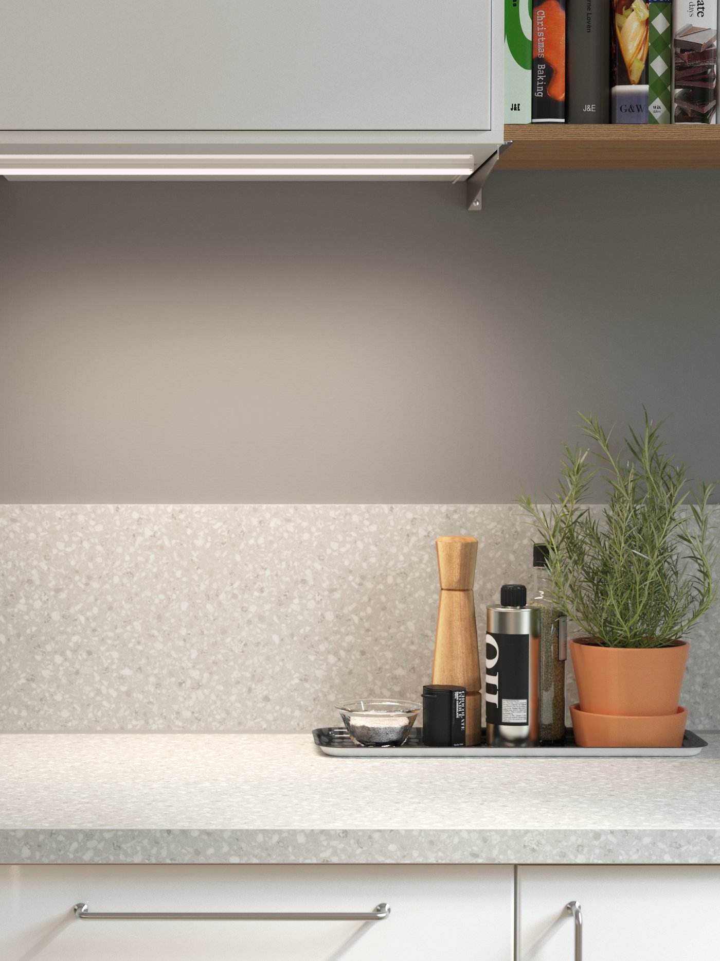 لوح مطبخ واقي مصقول رمادي فاتح مع تأثيرات معدنية وسطح عمل مطابق.