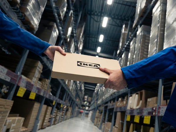 Două mâini în uniforme albastre își predau o cutie plată cu logo IKEA într-un depozit înalt, plin de rafturi cu pachete, sugerând livrare și stoc bine organizat.