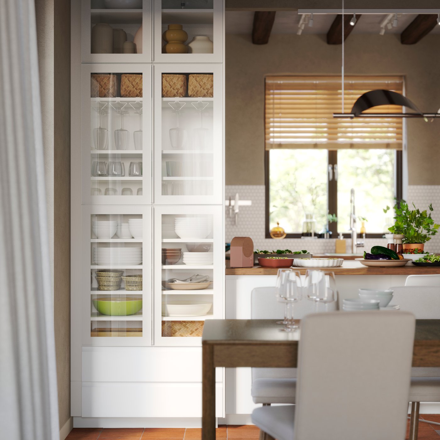 A glass door cabinet, made of METOD kitchen cabinets, has dinner-related items stored on the shelves and in the drawers.