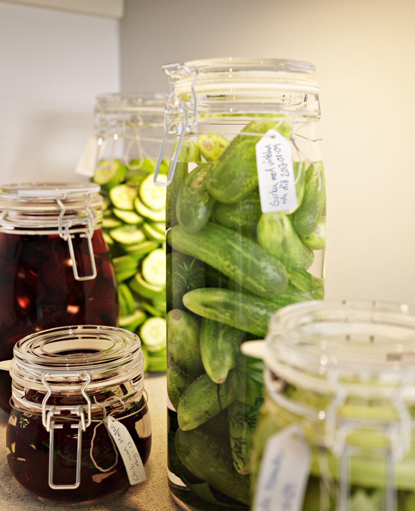 KORKEN food storage jars with pickled food items in them.