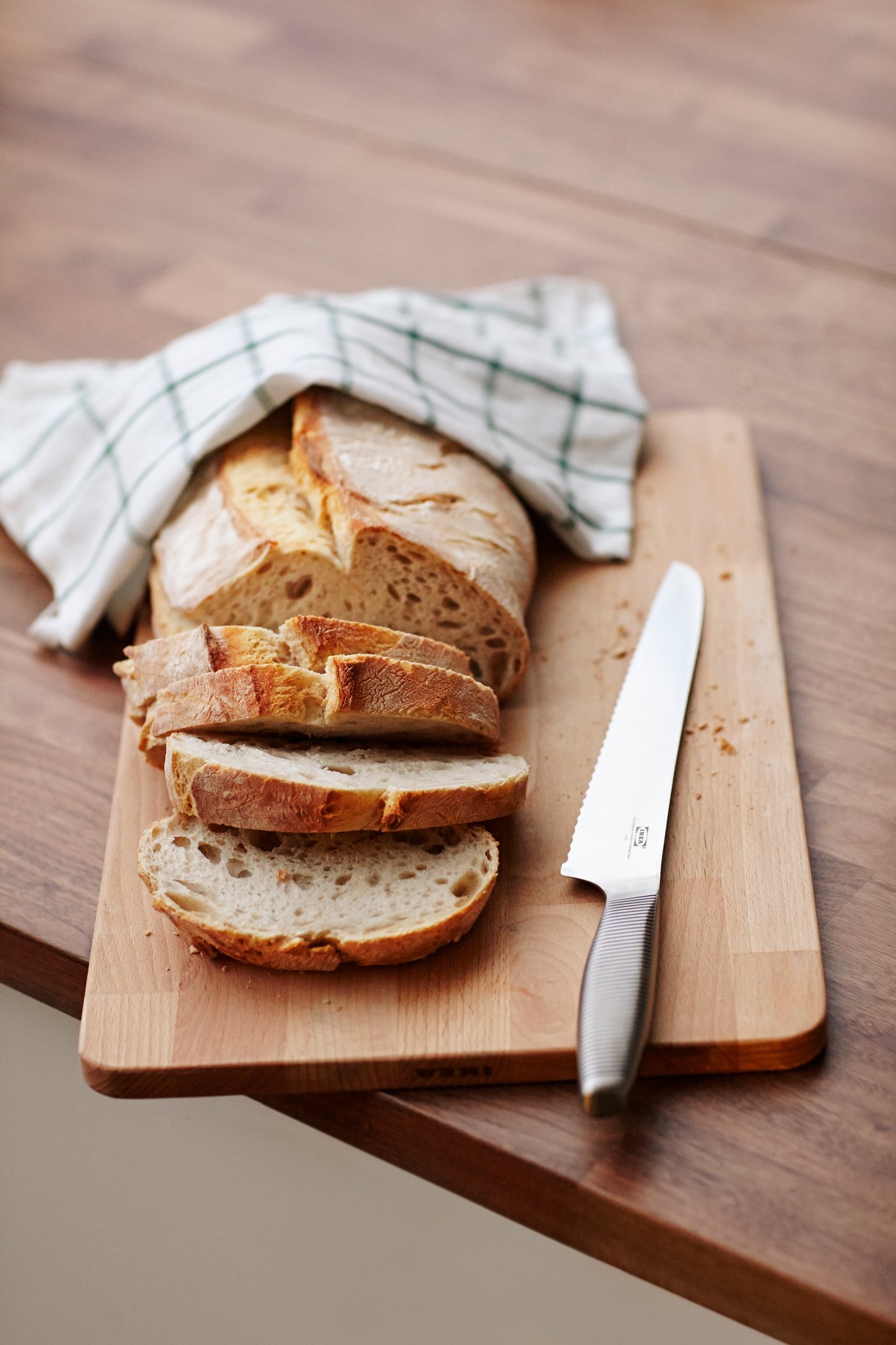 A stainless steel IKEA 365+ bread knife in the kitchen