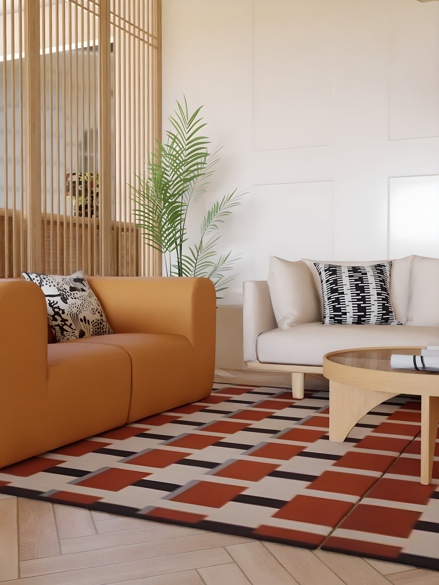 couch with a multicolored rug