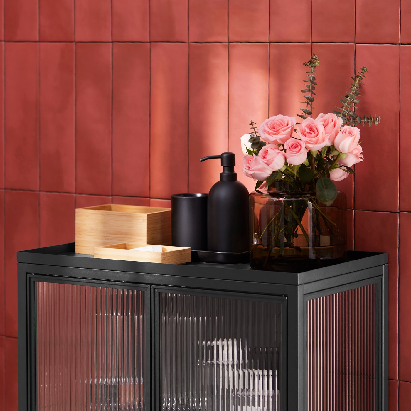 An anthracite MOSSJÖN glass-door cabinet with 2 doors