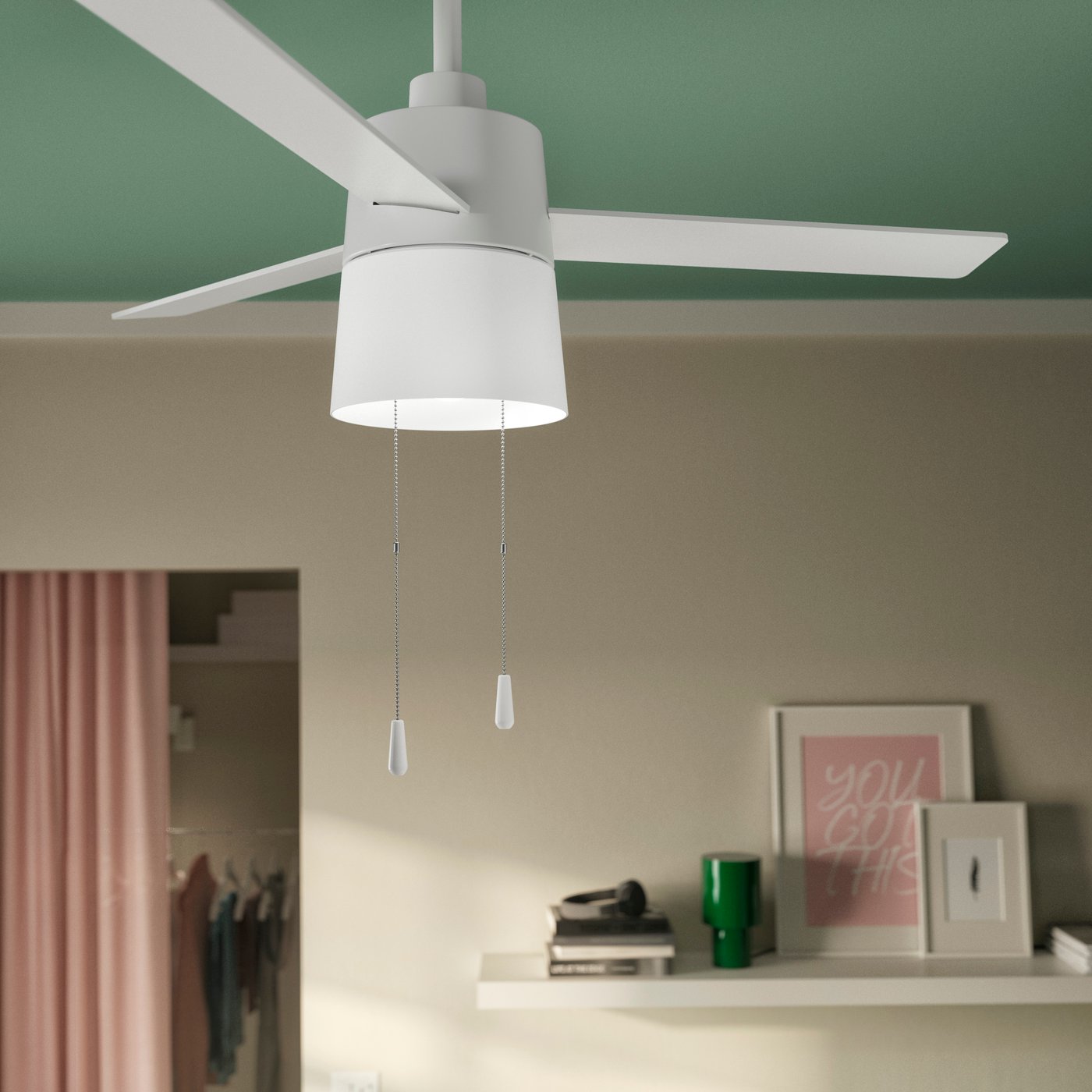 A white BACKLAG ceiling fan with light