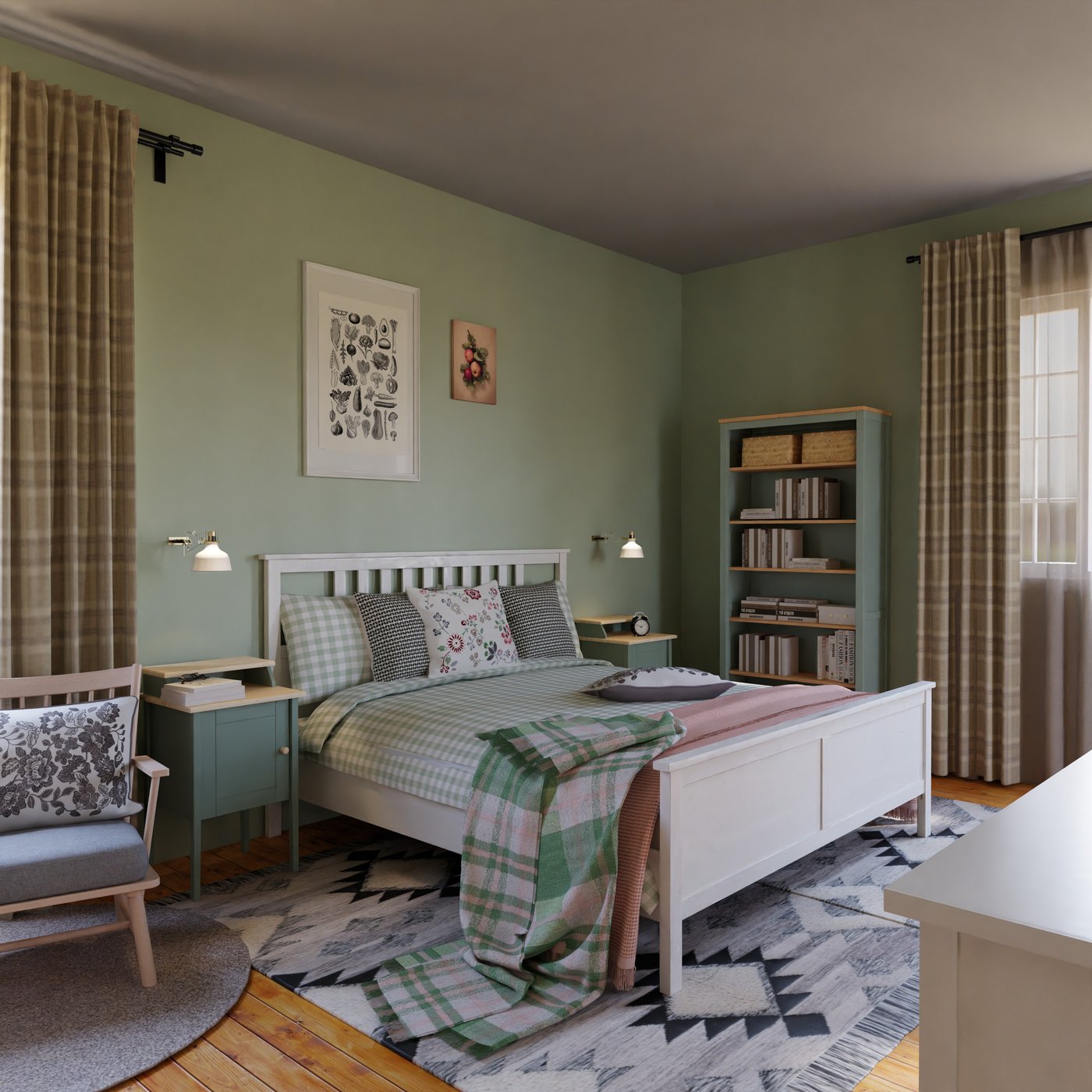 Schlafimmer mit weißem Bett im Landhausstil und salbeifarbenen Wänden. Das Bett steht auf einem großen Teppich und es ist viel Textil im Zimmer zu sehen. Im Hintergrund steht ein Bücherregal 