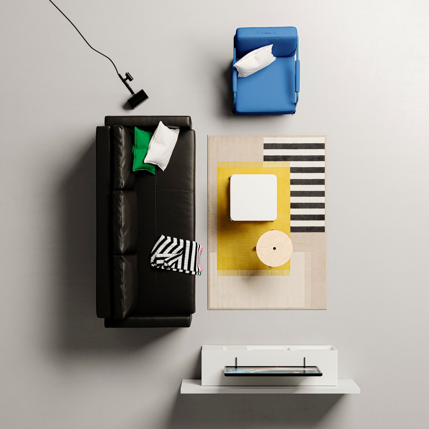 A FRIHETEN 3-seat sofa-bed stands near a BRÄNNBOLL
gaming lounge chair around a multicolour ELSYSTEM rug.