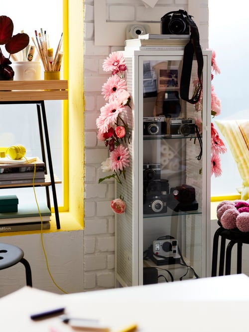 Home office featuring a glass-door cabinet containing cameras and with several pink flowers hanging on the side of the unit.