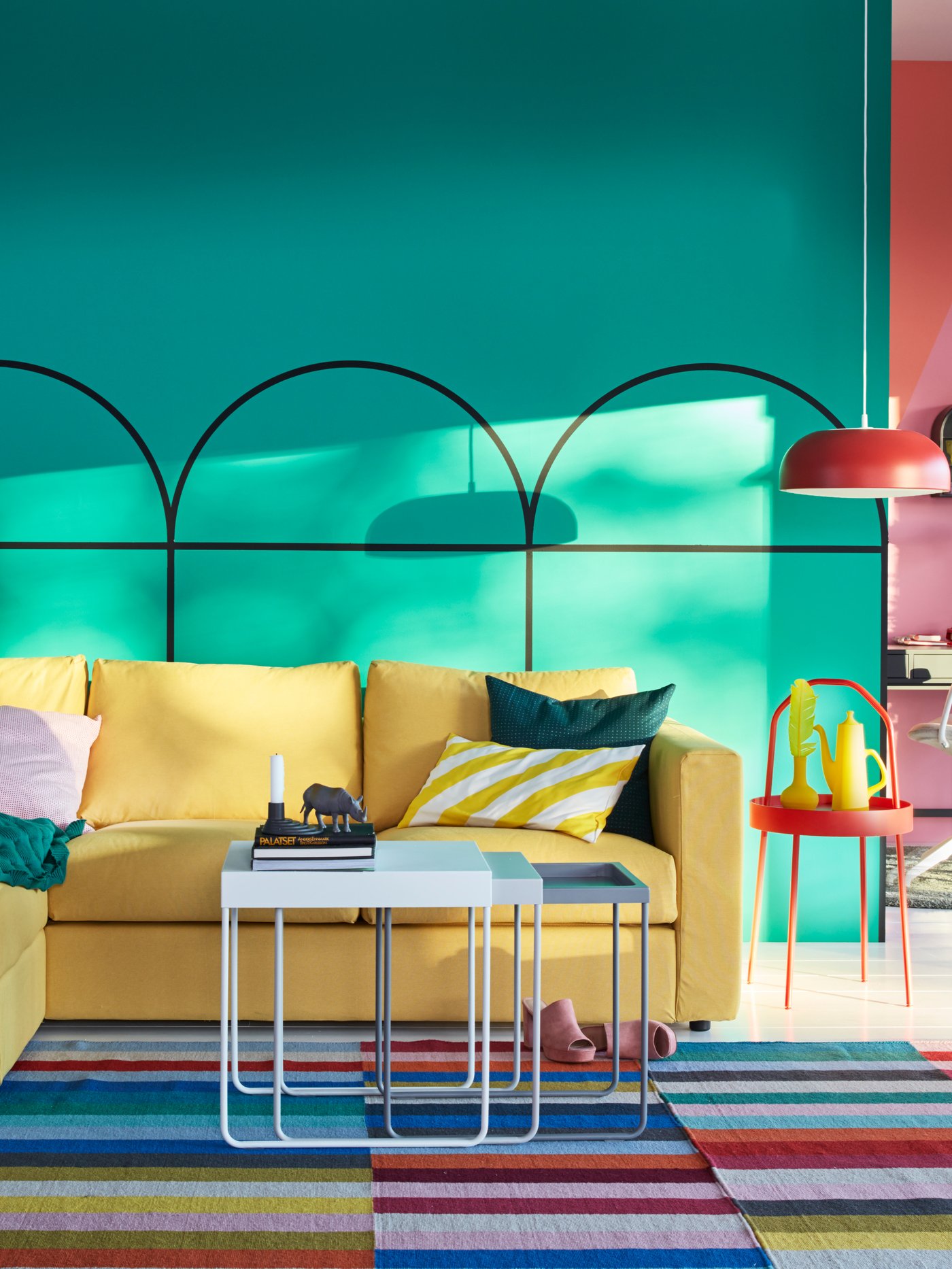 A handmade multicolour HALVED rug, flatwoven in the living room