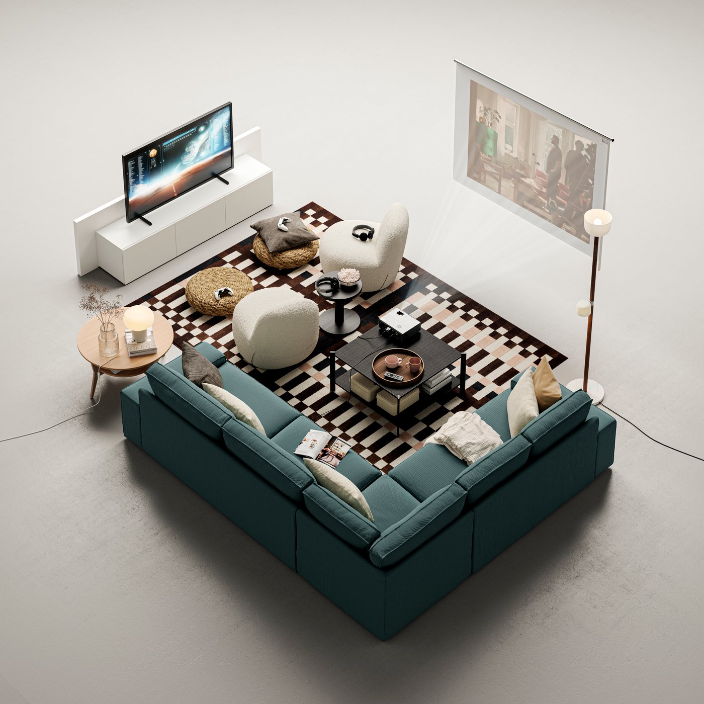A KIVIK corner sofa with lots of extra cushions on it stands near a JÄTTESTA coffee table and a white BESTÅ TV bench.