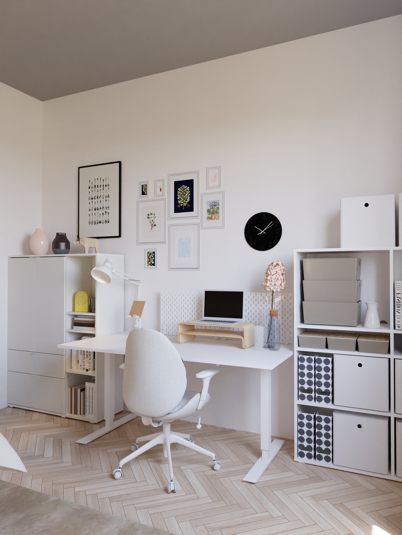 weißer Schreibtisch mit Aurbewahrung daneben.