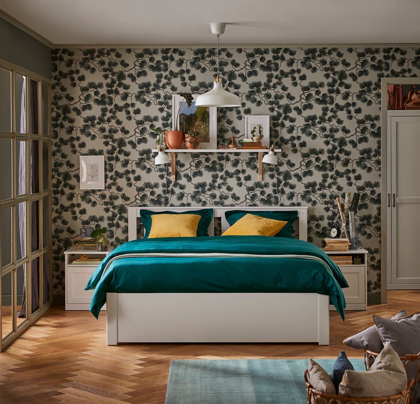 A white SONGESAND bed frame