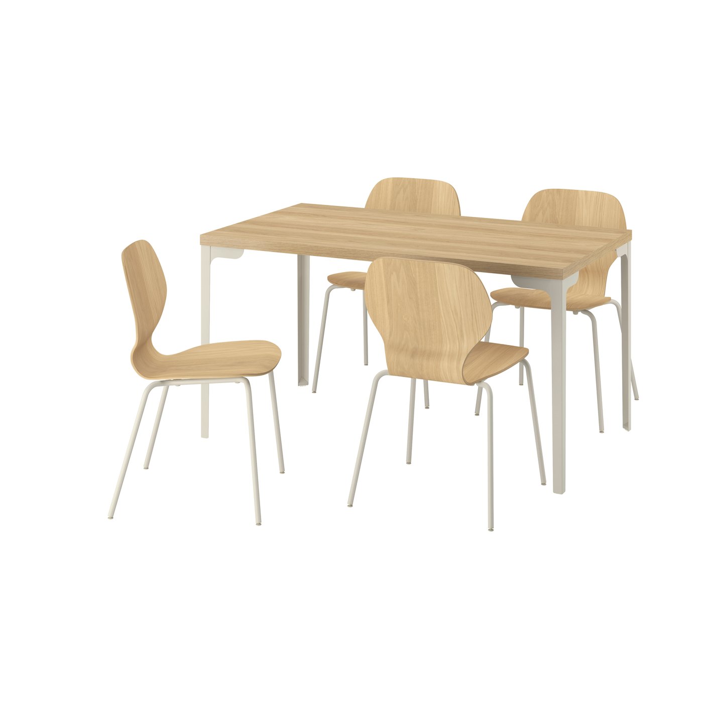 IKEA - SKÅLSTA pöytä + 4 tuolia, tammikuvio suora vaalea harmaanbeige/tammiviilu metalliputki/vaalea harmaanbeige