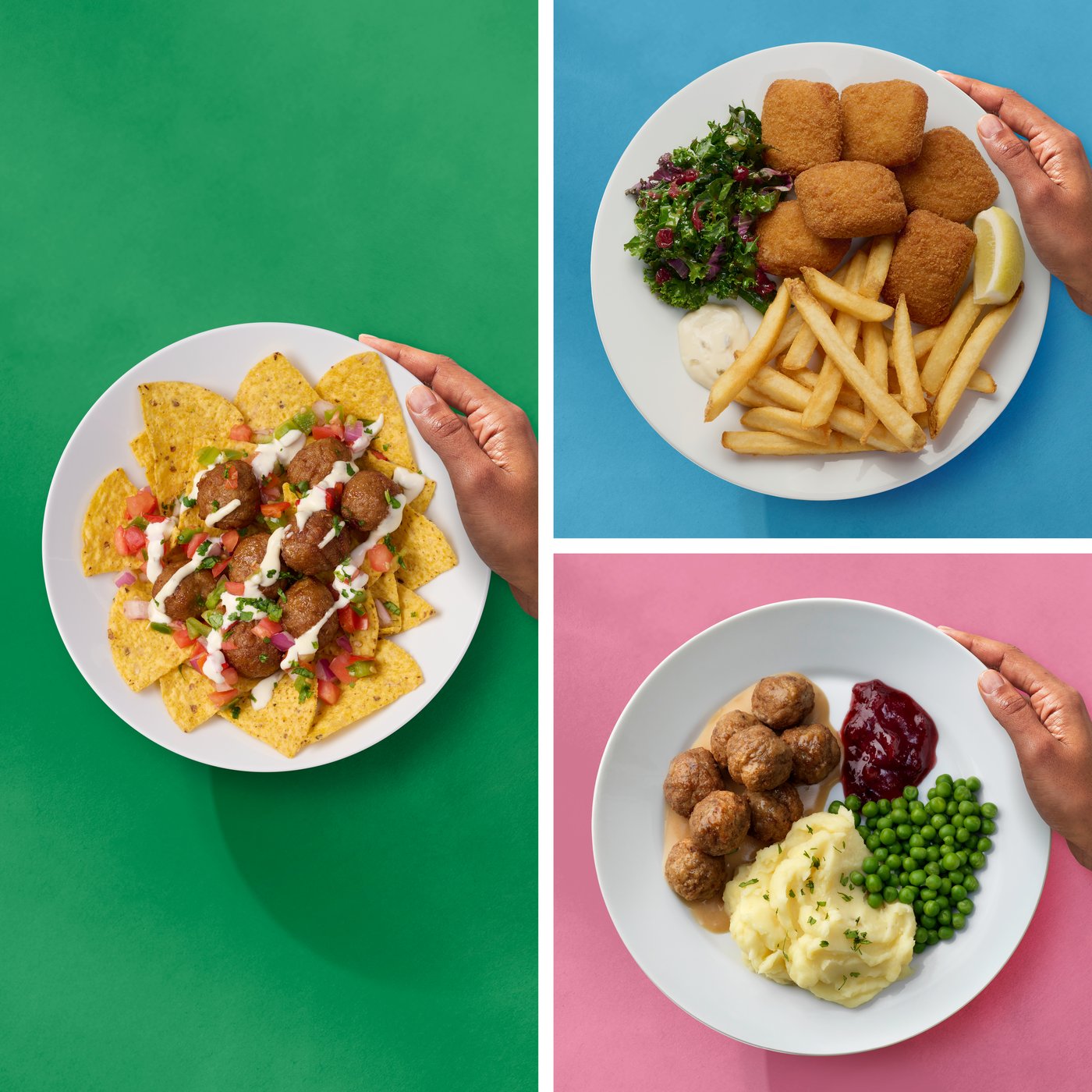 Image of a hand holding a plate of the new plant ball nachos meal, cod ball meal, and meatball meal.