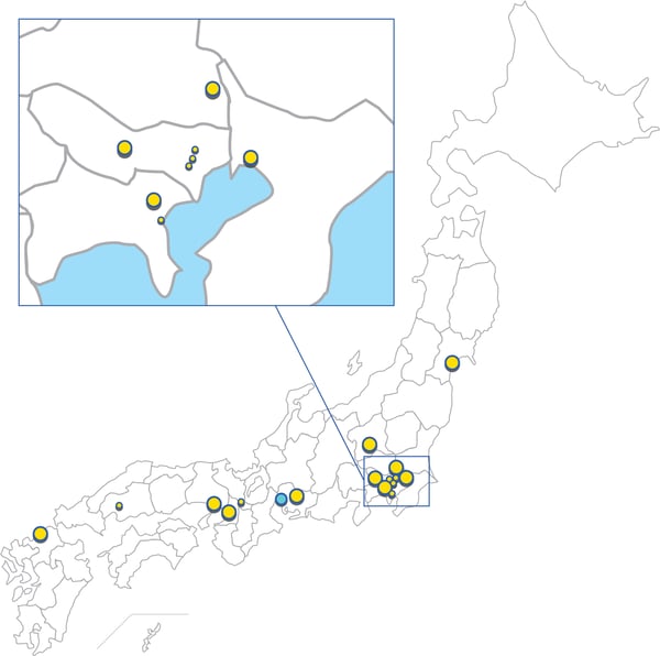Map of Japan showing IKEA store and distribution center locations, with a zoomed-in view highlighting the Kanto region.