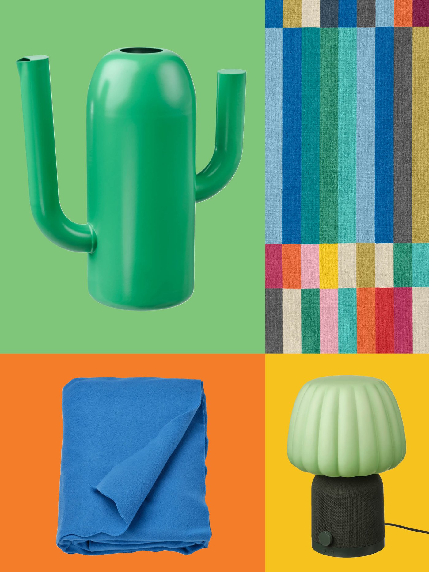 A playful mix of a bright blue throw, a colourful woven rug, a cylindrical lampshade and a bold green IKEA vase creates a lively, cheerful atmosphere.