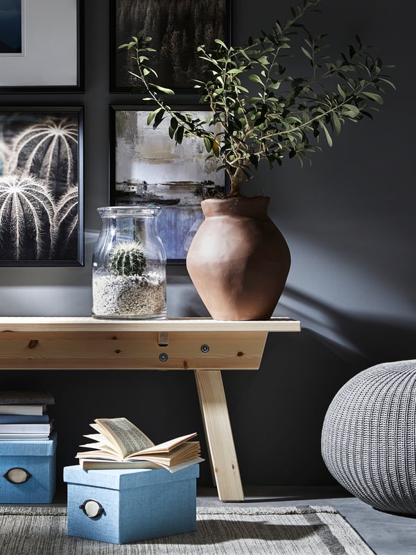 Auf einer Holzbank hinter der verschiedene Bilder hängen steht ein Blumentopf und eine Vase als Deko, darunter mehrere Aufbewahrungsboxen. 