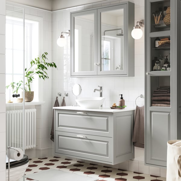 A light grey/white marble effect TÄNNFORSEN wash-stnd w drawers/wash-basin/tap