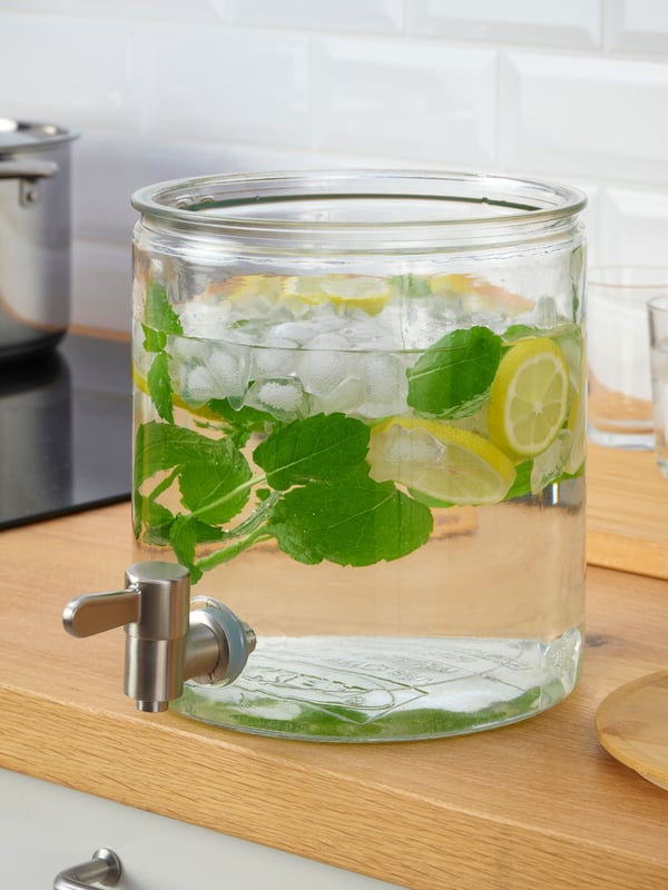 A bamboo/clear glass IKEA 365+ jar with tap