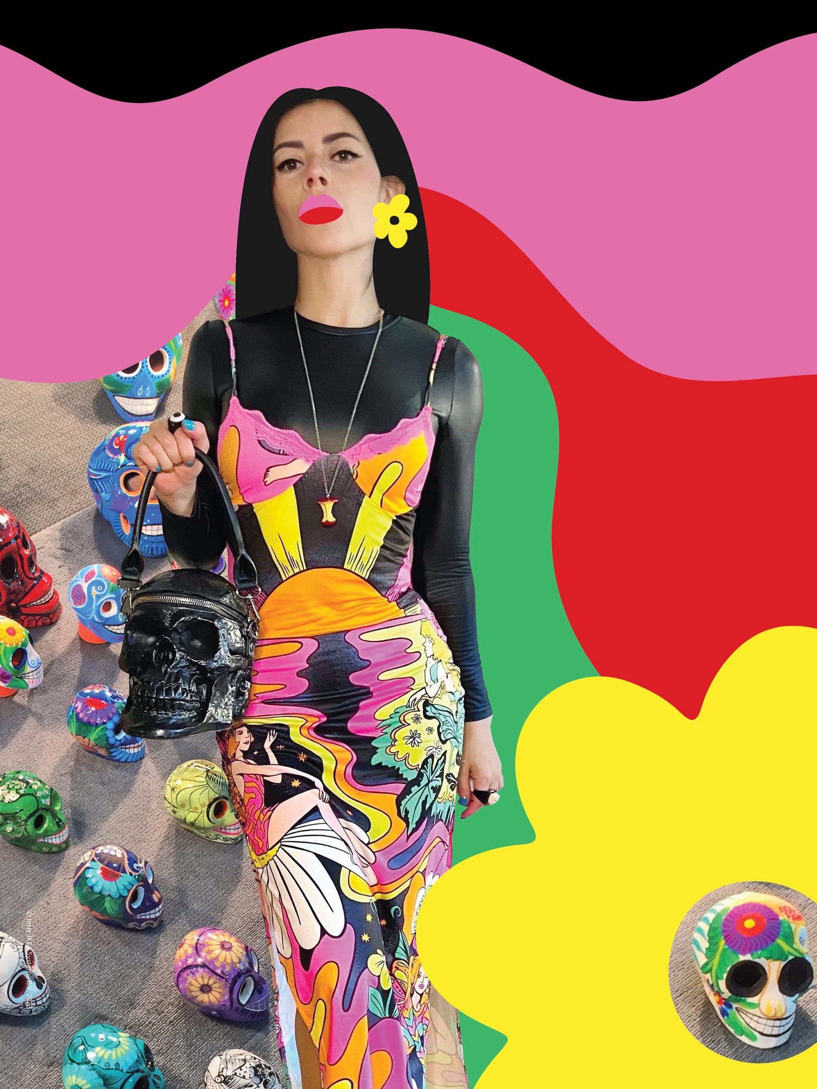 Tabla za inspiraciju roze, žute, zelene, crvene i crne boje s portretom na kom je Liz u prvom planu pored slike s raznobojnim lobanjama.