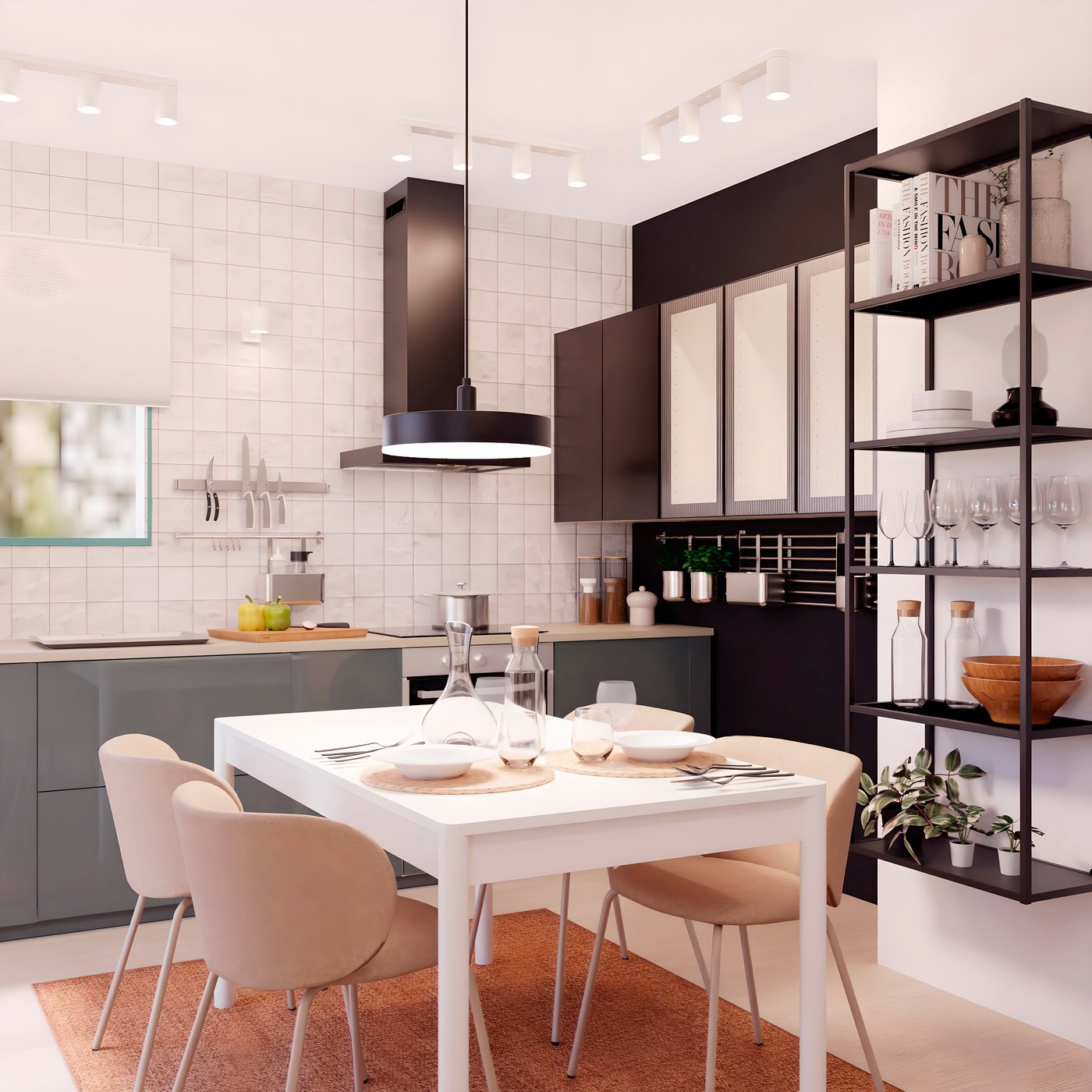 A kitchen with grayish-green cabinet fronts and a beige countertop integrates with a dining room featuring a rectangular table with a white wood finish, surrounded by four chairs