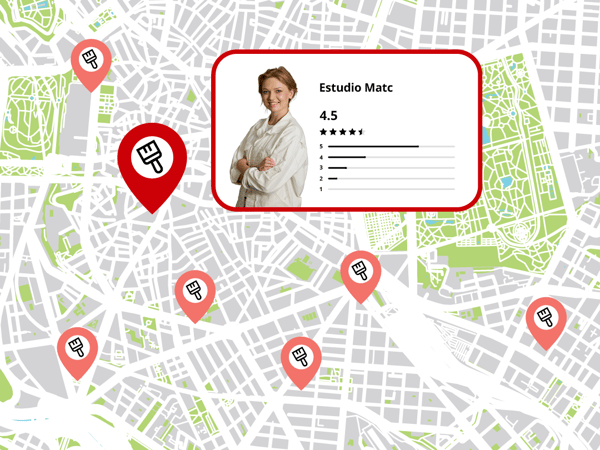 A map displays several red location markers indicating specific points of interest in an urban area.