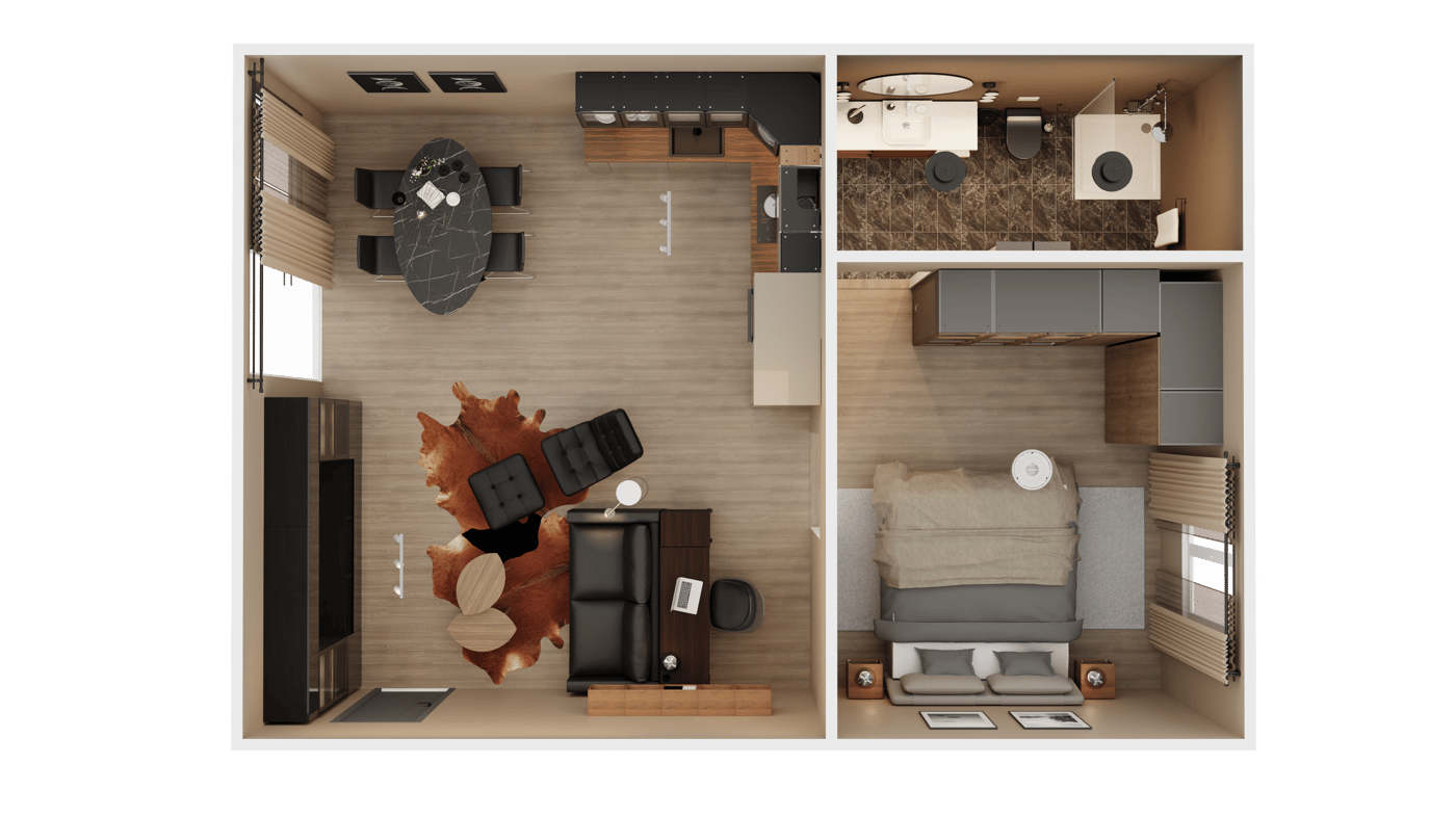 Grundriss einer 2 Zimmerwohnung mit Badezimmer.