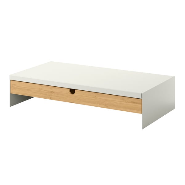 A white ELLOVEN monitor stand with drawer