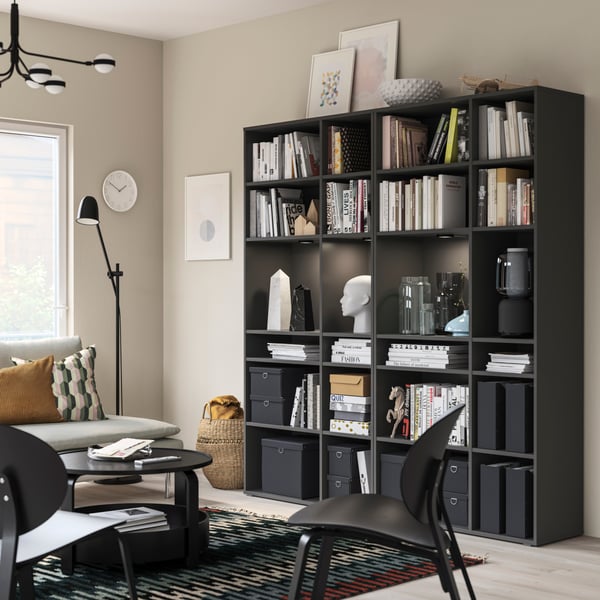 A dark grey VIHALS shelving unit with 10 shelves