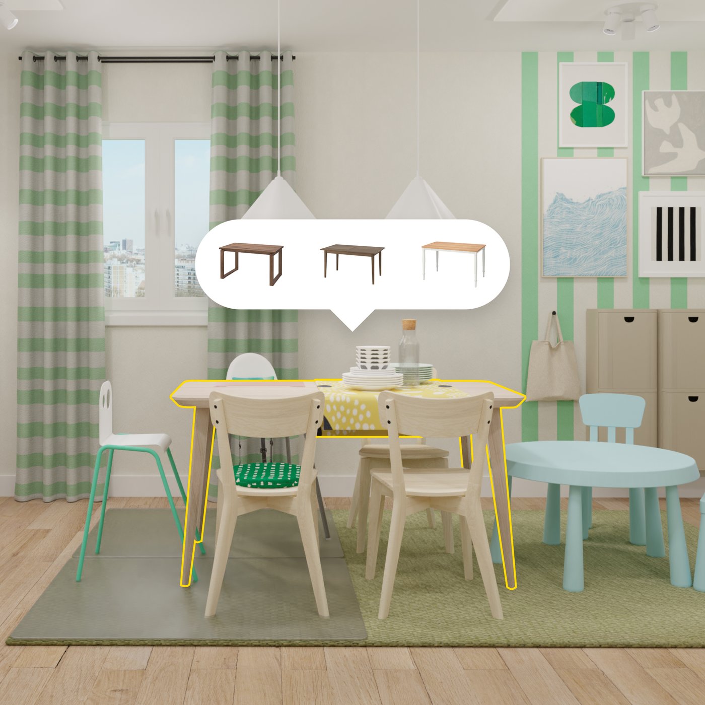 preview of IKEA Kreativ app in function showing a chair being placed into a dining room in a virtual room design