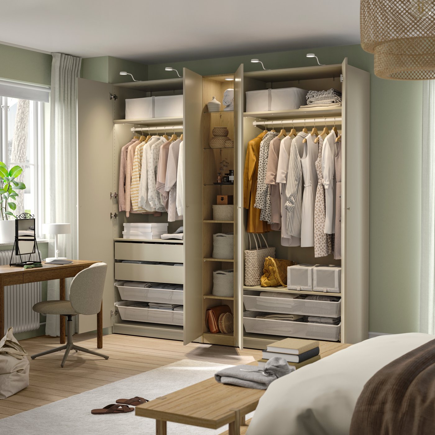 Combinazione di guardaroba PAX con ante FORSAND grigio-beige grigio-beige/effetto rovere