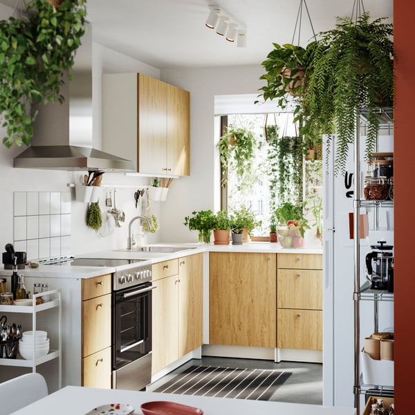 A KNOXHULT wall cabinet with a door is fitted in a bright kitchen adorned with plants and modern wooden elements.